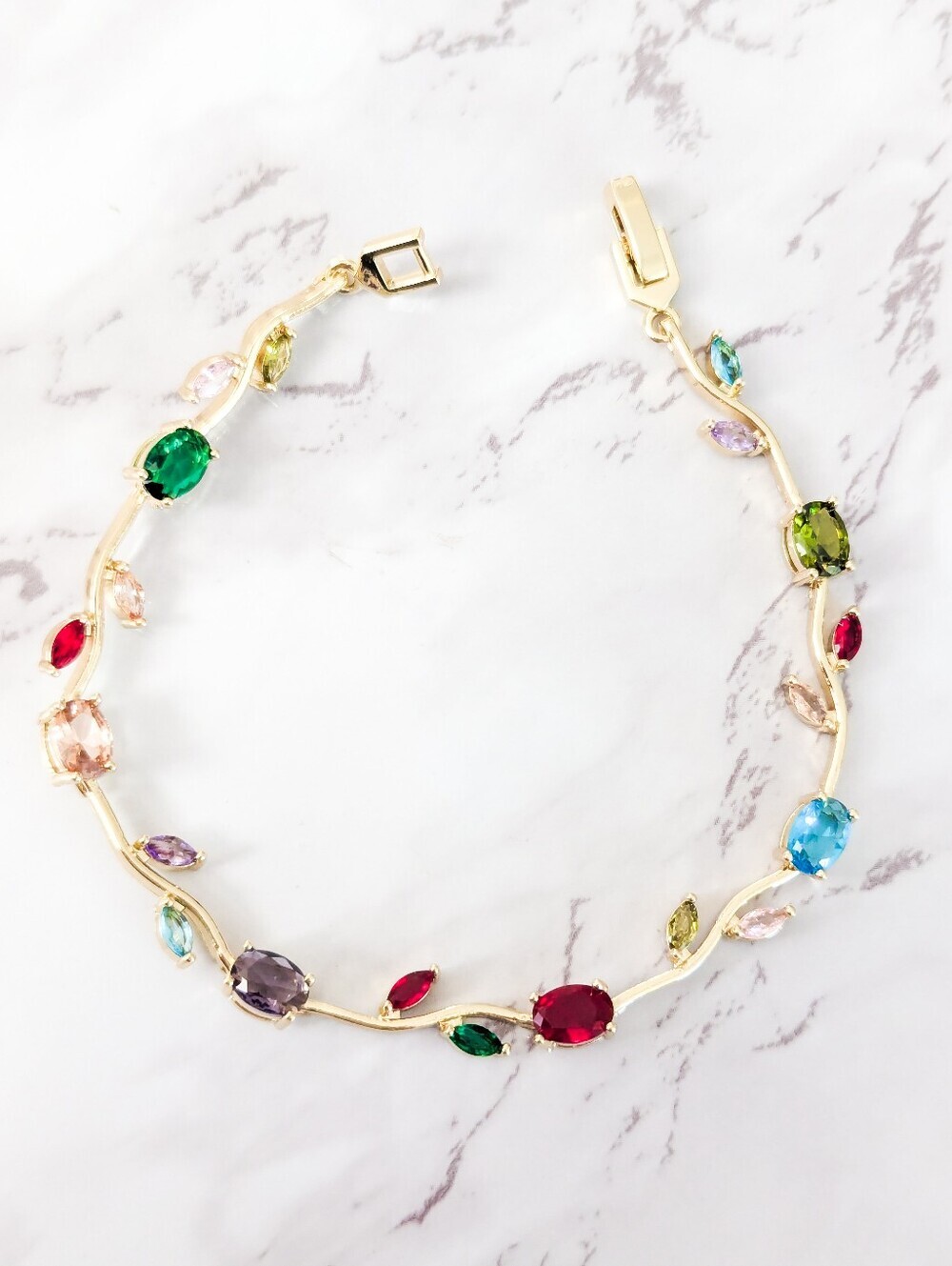 Colorful Crystal Vine Bracelet Gold Tone Multicolor Gemstone Style